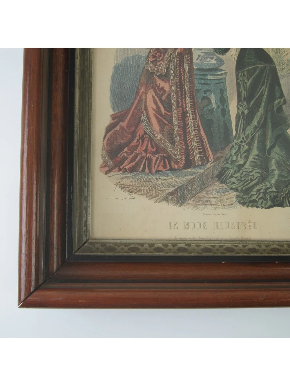 Antique Victorian Deep Picture Frame Wood Gilt La Mode Paris Print in Glass 16